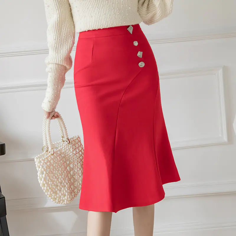 High-Waisted Asymmetric Bodycon Midi Skirt