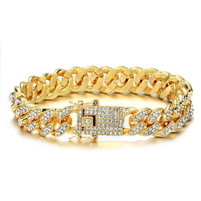 Necklace +Watch+Bracelet Hip Hop Miami Curb Cuban Chain Gold Plated Full Iced Out Paved Rhinestones CZ Bling For Men Jewelry
