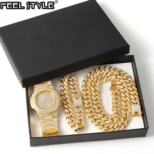 Necklace +Watch+Bracelet Hip Hop Miami Curb Cuban Chain Gold Plated Full Iced Out Paved Rhinestones CZ Bling For Men Jewelry