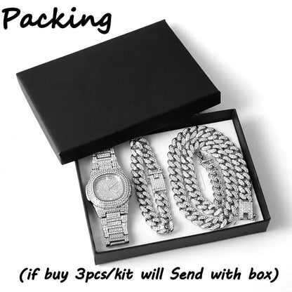 Necklace +Watch+Bracelet Hip Hop Miami Curb Cuban Chain Gold Plated Full Iced Out Paved Rhinestones CZ Bling For Men Jewelry
