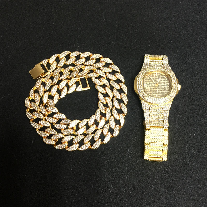 Necklace +Watch+Bracelet Hip Hop Miami Curb Cuban Chain Iced Out Paved Rhinestones CZ Bling Rapper For Men Jewelry