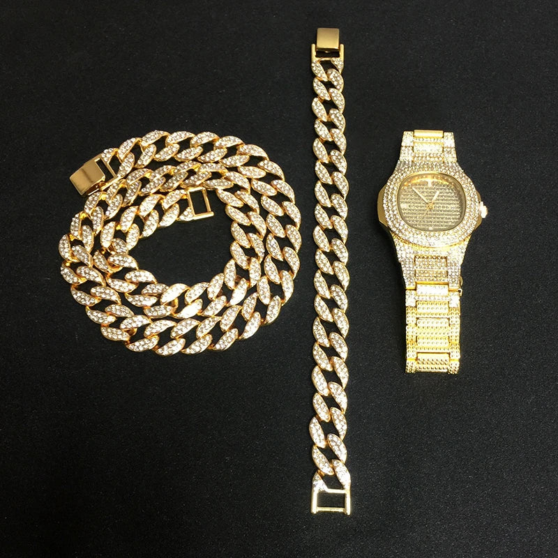 Necklace +Watch+Bracelet Hip Hop Miami Curb Cuban Chain Iced Out Paved Rhinestones CZ Bling Rapper For Men Jewelry