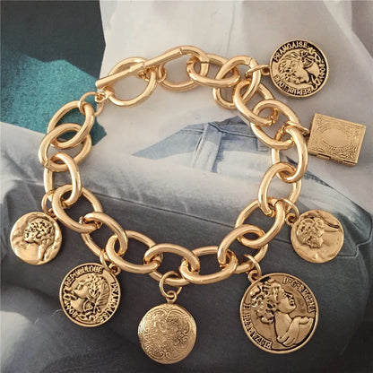 Hip Hop Chunky Thick Miami Curb Cuban Photo Coin Pendant Bracelets Bangles Punk Metal Twisted Rope Chain Bracelet Jewelry Gift