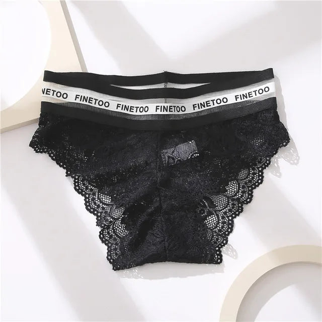 Women Sexy Lace Panties Plus Size Underwear FINETOO Temptation Letter Waist Briefs Ladies Soft Panty Mid-Rise Female Underpants