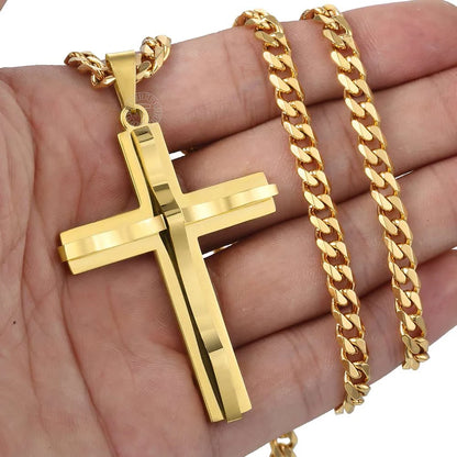 Punk Miami 2Pcs/Set Gold Color Big Cross Pendant Necklace for Men Women Stainless Steel Curb Cuban Link Chain Chunky Jewelry