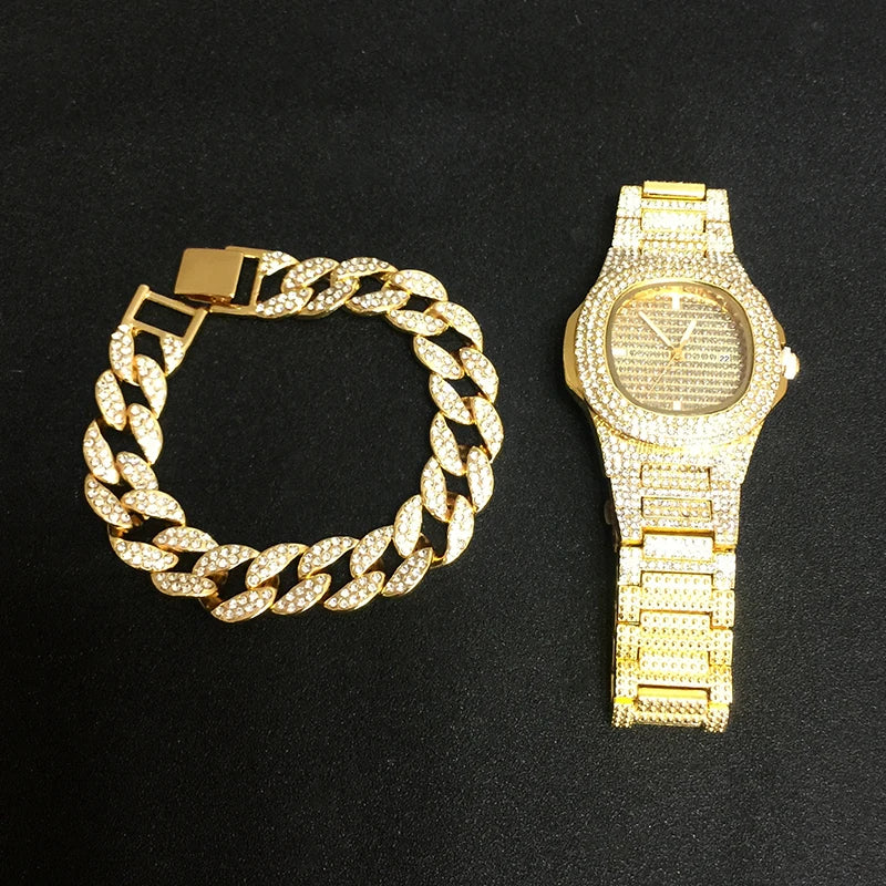 Necklace +Watch+Bracelet Hip Hop Miami Curb Cuban Chain Iced Out Paved Rhinestones CZ Bling Rapper For Men Jewelry