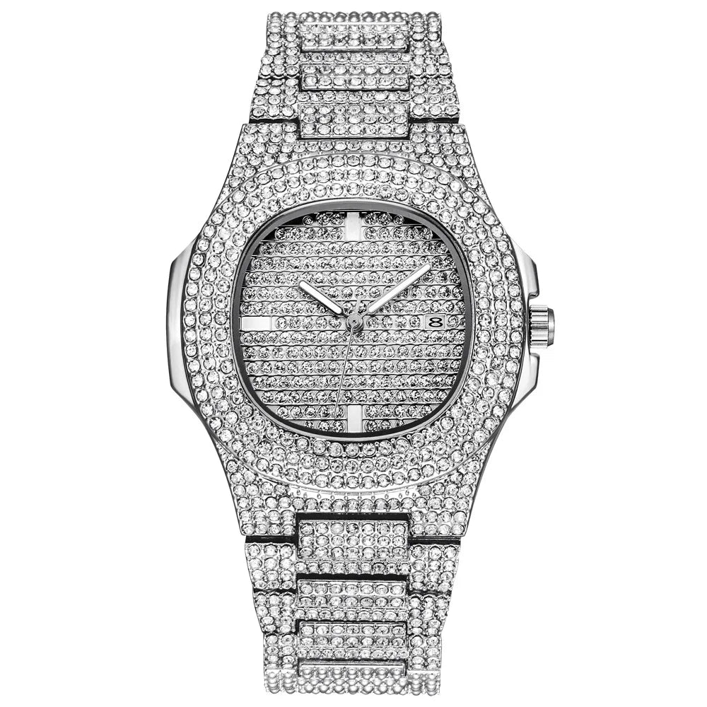 Necklace +Watch+Bracelet Hip Hop Miami Curb Cuban Chain Gold Plated Full Iced Out Paved Rhinestones CZ Bling For Men Jewelry