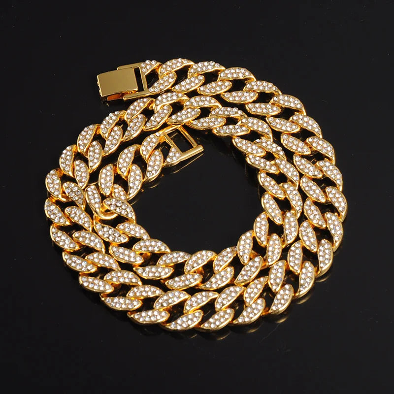 Hip Hop Miami Curb Iced Out Cuban Chain Necklace 15MM Paved Rhinestones CZ Bling Rapper Necklaces For Men Women Jewelry