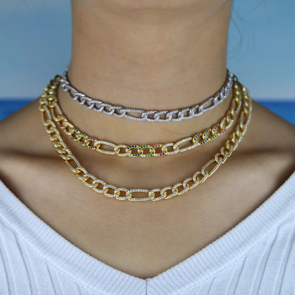 35+10cm Iced Out Miami Curb Cuban Link Chain Micro Pave White Rainbow Colorful Cz Choker Necklaces Hip Hop Women Fashion Jewelry