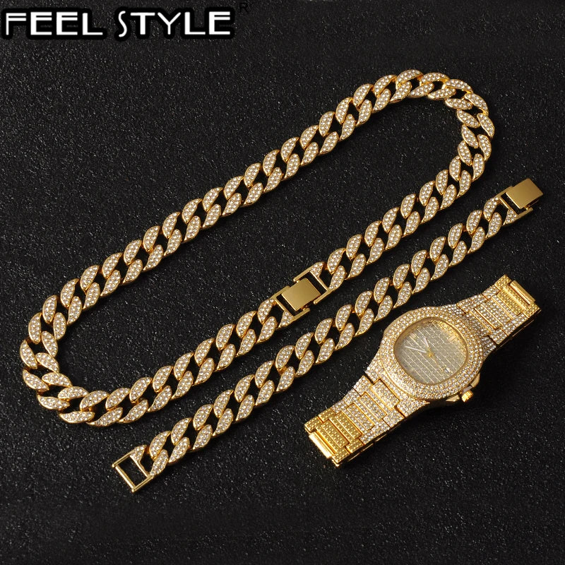 Necklace +Watch+Bracelet Hip Hop Miami Curb Cuban Chain Iced Out Paved Rhinestones CZ Bling Rapper For Men Jewelry