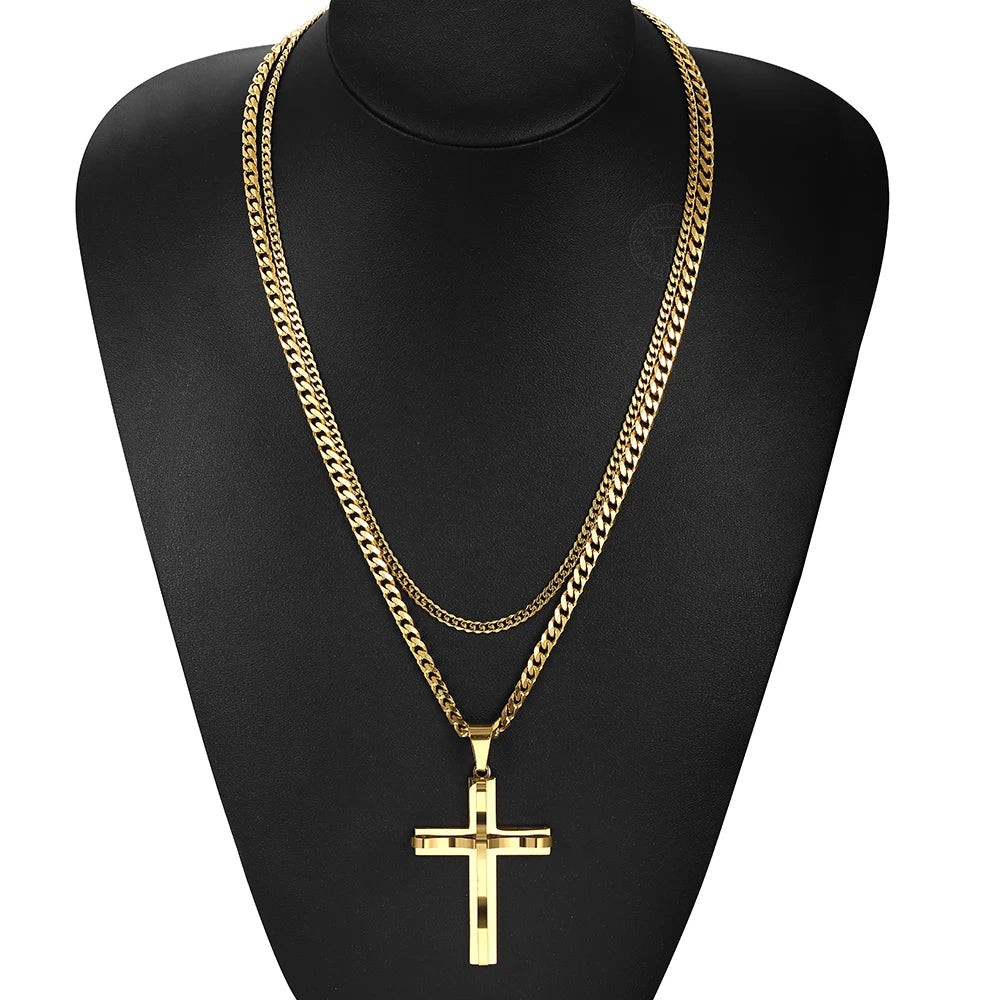 Punk Miami 2Pcs/Set Gold Color Big Cross Pendant Necklace for Men Women Stainless Steel Curb Cuban Link Chain Chunky Jewelry