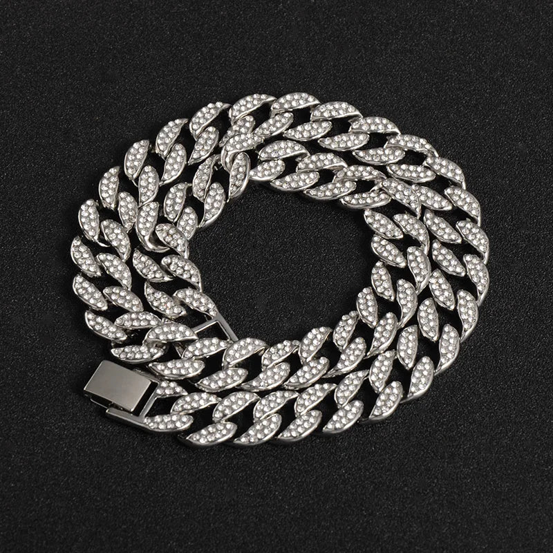 Hip Hop Miami Curb Iced Out Cuban Chain Necklace 15MM Paved Rhinestones CZ Bling Rapper Necklaces For Men Women Jewelry