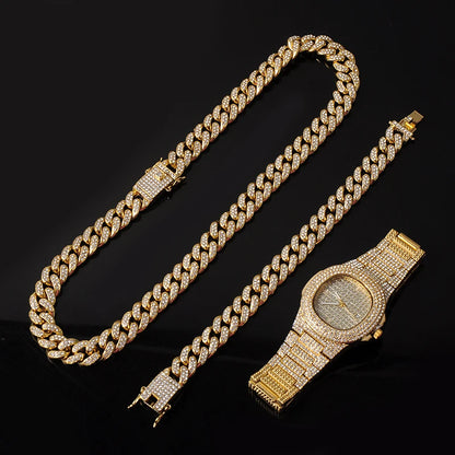 Necklace +Watch+Bracelet Hip Hop Miami Curb Cuban Chain Gold Plated Full Iced Out Paved Rhinestones CZ Bling For Men Jewelry