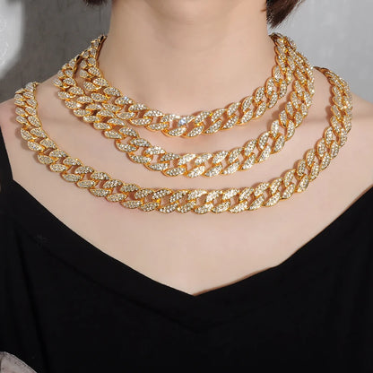 Hip Hop Miami Curb Iced Out Cuban Chain Necklace 15MM Paved Rhinestones CZ Bling Rapper Necklaces For Men Women Jewelry
