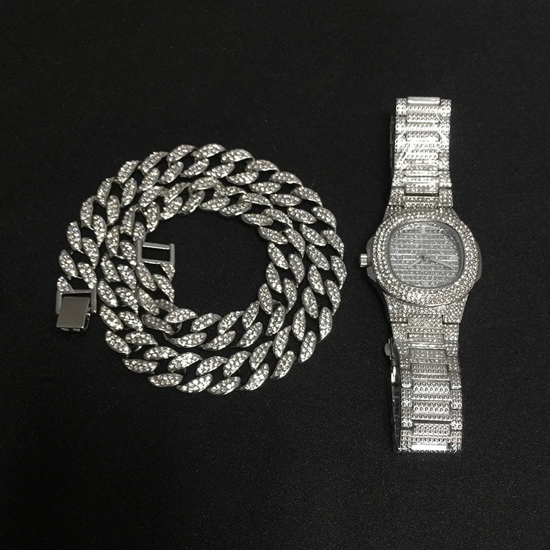 Necklace +Watch+Bracelet Hip Hop Miami Curb Cuban Chain Iced Out Paved Rhinestones CZ Bling Rapper For Men Jewelry