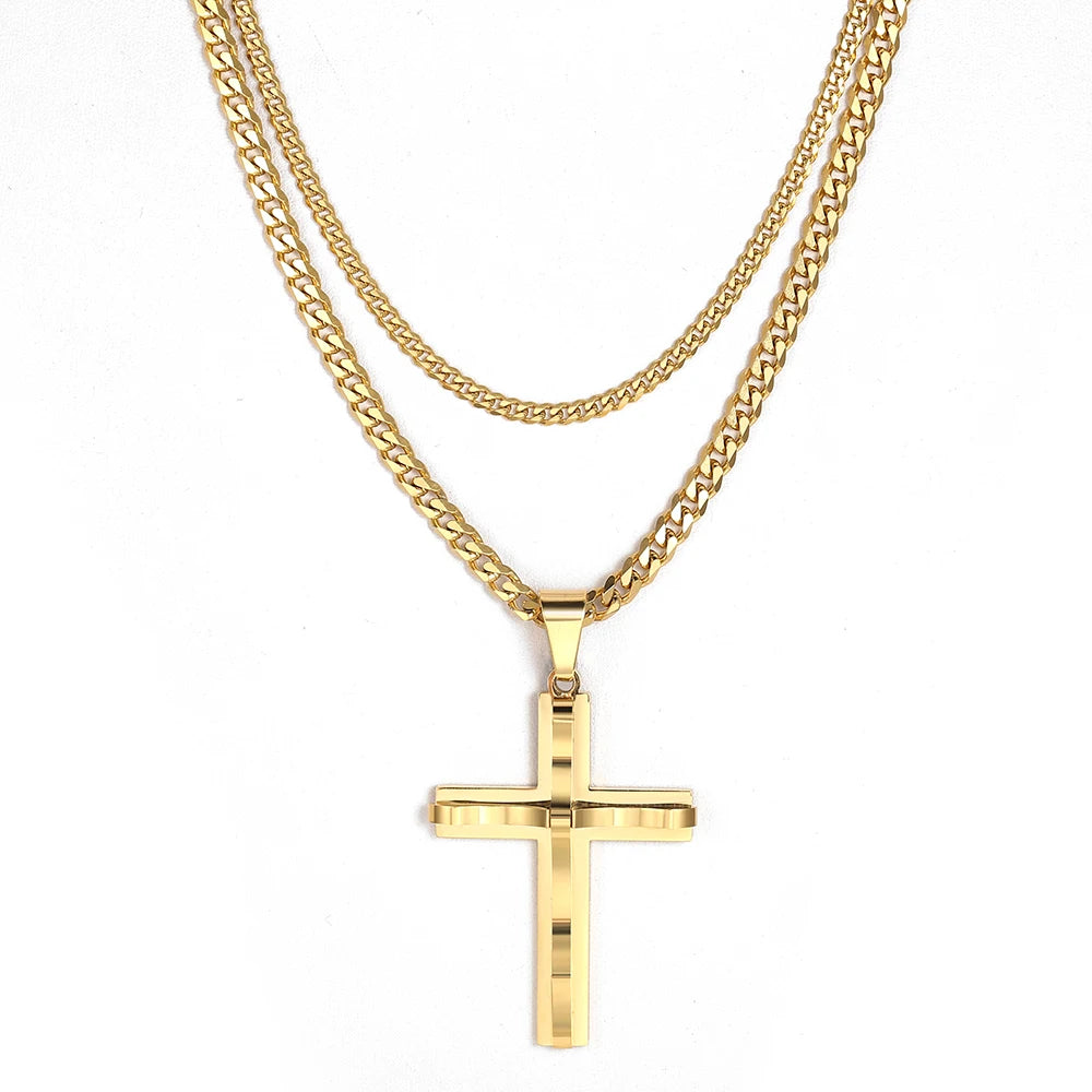 Punk Miami 2Pcs/Set Gold Color Big Cross Pendant Necklace for Men Women Stainless Steel Curb Cuban Link Chain Chunky Jewelry