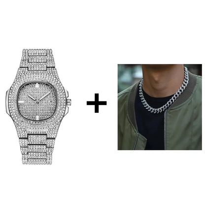 Necklace +Watch+Bracelet Hip Hop Miami Curb Cuban Chain Gold Plated Full Iced Out Paved Rhinestones CZ Bling For Men Jewelry