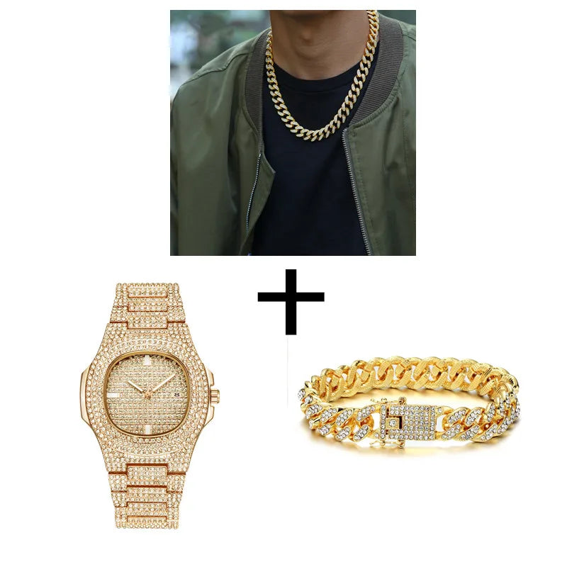 Necklace +Watch+Bracelet Hip Hop Miami Curb Cuban Chain Gold Plated Full Iced Out Paved Rhinestones CZ Bling For Men Jewelry