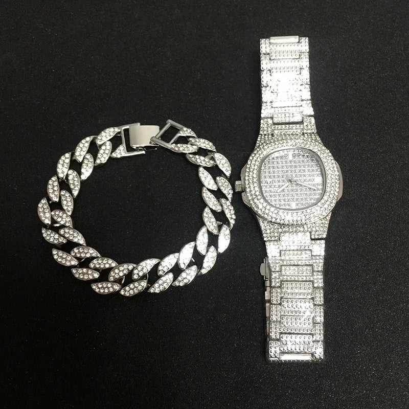 Necklace +Watch+Bracelet Hip Hop Miami Curb Cuban Chain Iced Out Paved Rhinestones CZ Bling Rapper For Men Jewelry