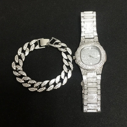 Necklace +Watch+Bracelet Hip Hop Miami Curb Cuban Chain Iced Out Paved Rhinestones CZ Bling Rapper For Men Jewelry