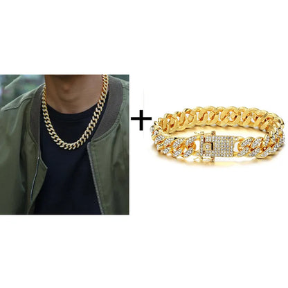 Necklace +Watch+Bracelet Hip Hop Miami Curb Cuban Chain Gold Plated Full Iced Out Paved Rhinestones CZ Bling For Men Jewelry
