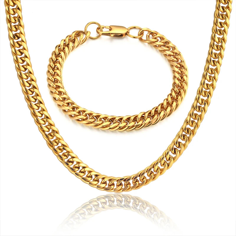 Men Jewelry Sets Gold Color Stainless Steel Miami Curb Cuban Link Chain Bracelet Necklace Set Punk Hip Hop Jewelry Male Gift