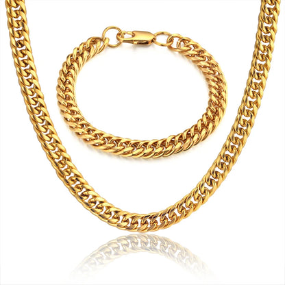 Men Jewelry Sets Gold Color Stainless Steel Miami Curb Cuban Link Chain Bracelet Necklace Set Punk Hip Hop Jewelry Male Gift