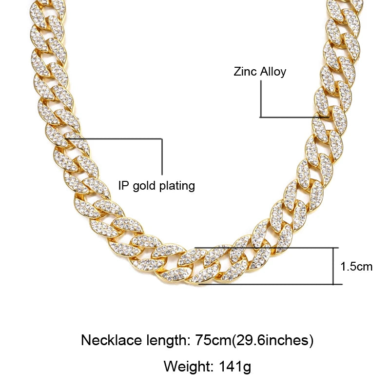 Hip Hop Miami Curb Iced Out Cuban Chain Necklace 15MM Paved Rhinestones CZ Bling Rapper Necklaces For Men Women Jewelry