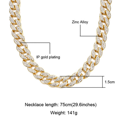 Hip Hop Miami Curb Iced Out Cuban Chain Necklace 15MM Paved Rhinestones CZ Bling Rapper Necklaces For Men Women Jewelry