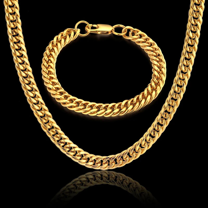 Men Jewelry Sets Gold Color Stainless Steel Miami Curb Cuban Link Chain Bracelet Necklace Set Punk Hip Hop Jewelry Male Gift
