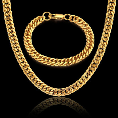 Men Jewelry Sets Gold Color Stainless Steel Miami Curb Cuban Link Chain Bracelet Necklace Set Punk Hip Hop Jewelry Male Gift