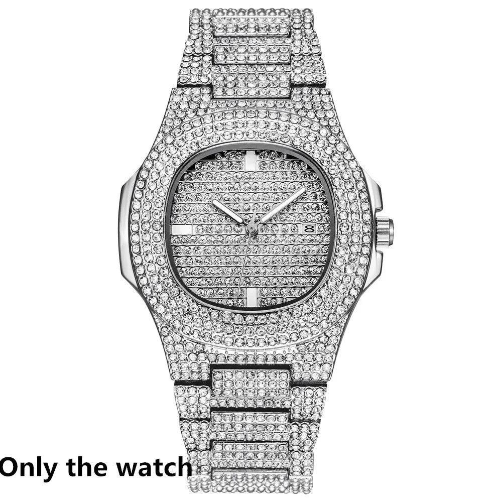 Necklace +Watch+Bracelet Hip Hop Miami Curb Cuban Chain Gold Plated Full Iced Out Paved Rhinestones CZ Bling For Men Jewelry