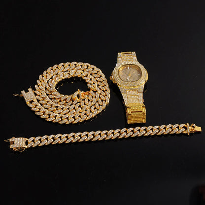 Necklace +Watch+Bracelet Hip Hop Miami Curb Cuban Chain Gold Plated Full Iced Out Paved Rhinestones CZ Bling For Men Jewelry