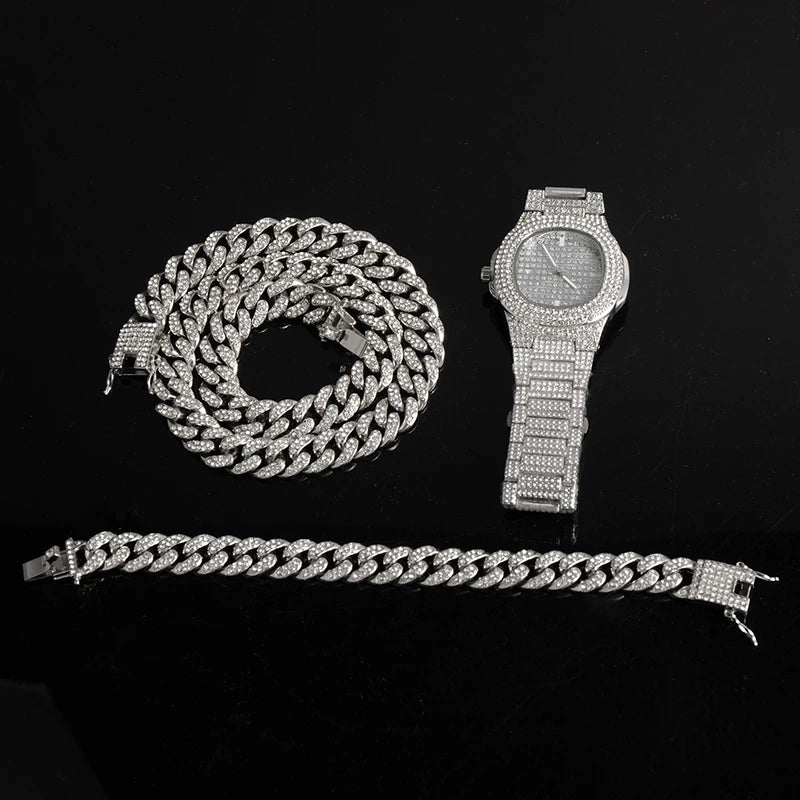 Necklace +Watch+Bracelet Hip Hop Miami Curb Cuban Chain Gold Plated Full Iced Out Paved Rhinestones CZ Bling For Men Jewelry