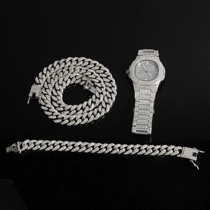 Necklace +Watch+Bracelet Hip Hop Miami Curb Cuban Chain Gold Plated Full Iced Out Paved Rhinestones CZ Bling For Men Jewelry