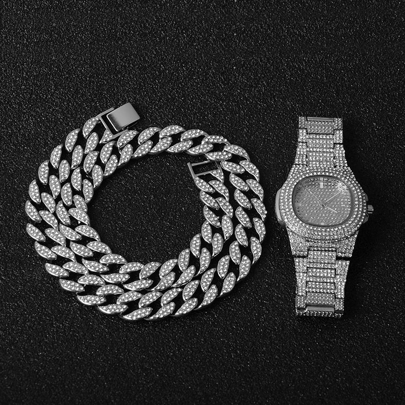 Necklace +Watch+Bracelet Hip Hop Miami Curb Cuban Chain Iced Out Paved Rhinestones CZ Bling Rapper For Men Jewelry