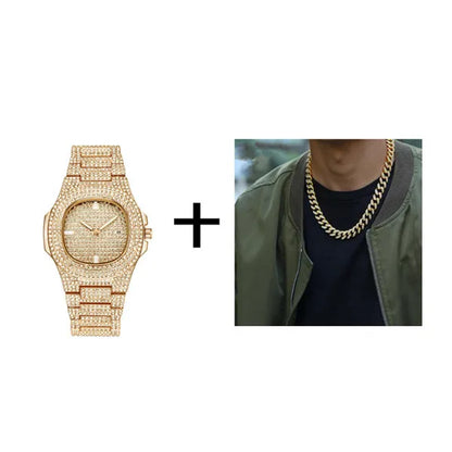 Necklace +Watch+Bracelet Hip Hop Miami Curb Cuban Chain Gold Plated Full Iced Out Paved Rhinestones CZ Bling For Men Jewelry