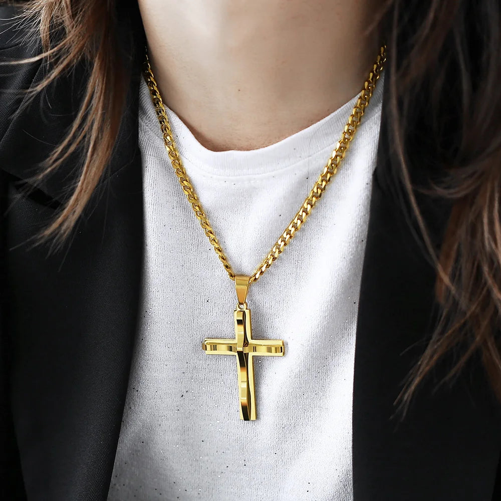 Punk Miami 2Pcs/Set Gold Color Big Cross Pendant Necklace for Men Women Stainless Steel Curb Cuban Link Chain Chunky Jewelry
