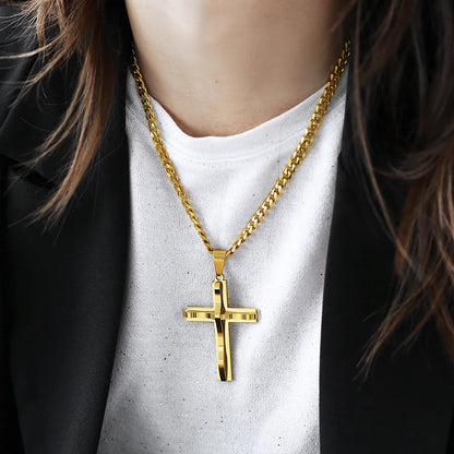 Punk Miami 2Pcs/Set Gold Color Big Cross Pendant Necklace for Men Women Stainless Steel Curb Cuban Link Chain Chunky Jewelry