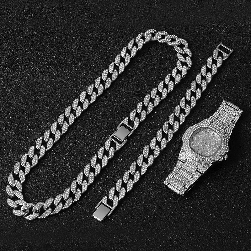 Necklace +Watch+Bracelet Hip Hop Miami Curb Cuban Chain Iced Out Paved Rhinestones CZ Bling Rapper For Men Jewelry