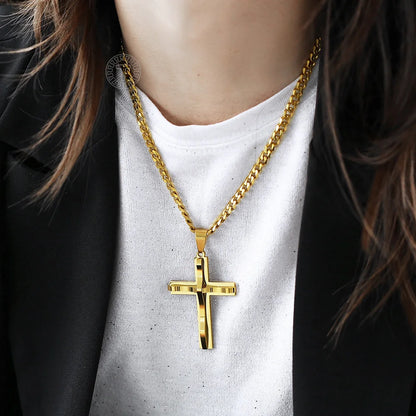 Punk Miami 2Pcs/Set Gold Color Big Cross Pendant Necklace for Men Women Stainless Steel Curb Cuban Link Chain Chunky Jewelry