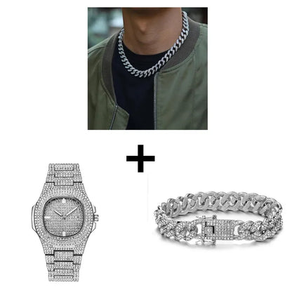 Necklace +Watch+Bracelet Hip Hop Miami Curb Cuban Chain Gold Plated Full Iced Out Paved Rhinestones CZ Bling For Men Jewelry
