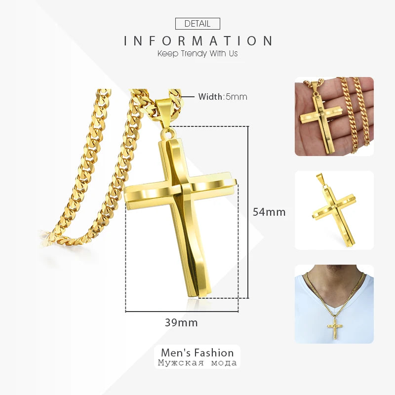 Punk Miami 2Pcs/Set Gold Color Big Cross Pendant Necklace for Men Women Stainless Steel Curb Cuban Link Chain Chunky Jewelry