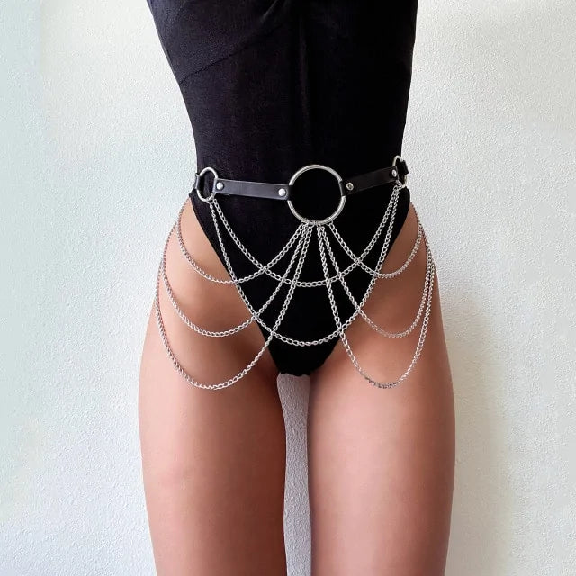 Goth Leather Body Harness Chain Bra