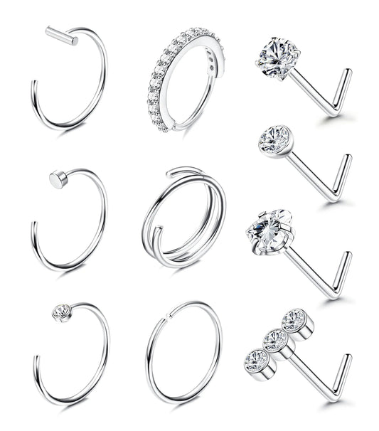 BESTEEL 14K Gold Filled Nose Ring Studs 20G Nose Rings Hoops Stud 316L Stainless Steel Nose Rings Round CZ Heart Simulated Diamond L Shaped Nose Stud Hypoallergenic Nostril Piercing Jewelry for Women Men 10Pcs Silver