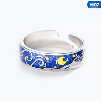 Adjustable Van Gogh Starry Night Couple Rings: Silver with Blue Stars - Valentine&
