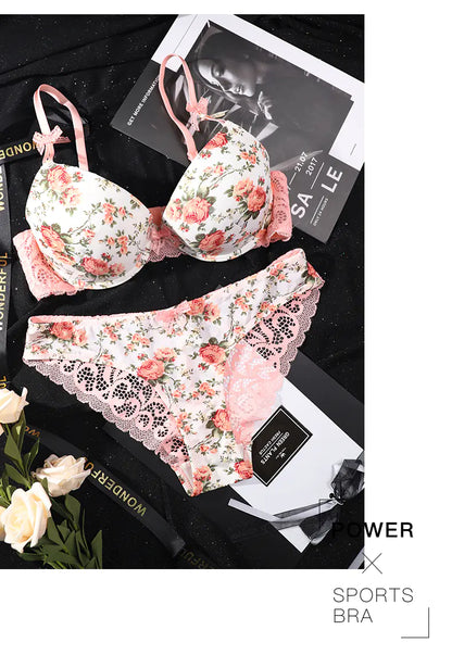 French Lace Edge Floral Print Bra Set for Women