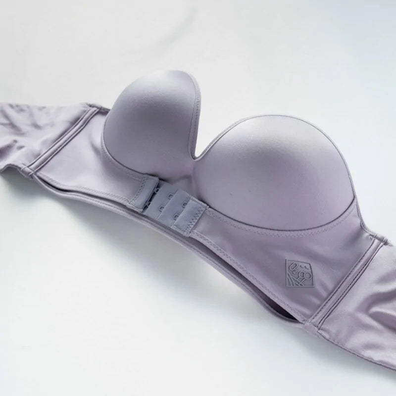 Front &amp; Back Buckle Push-Up Bra: Deep V Strapless Design, Wire-Free, Thicken Lingerie