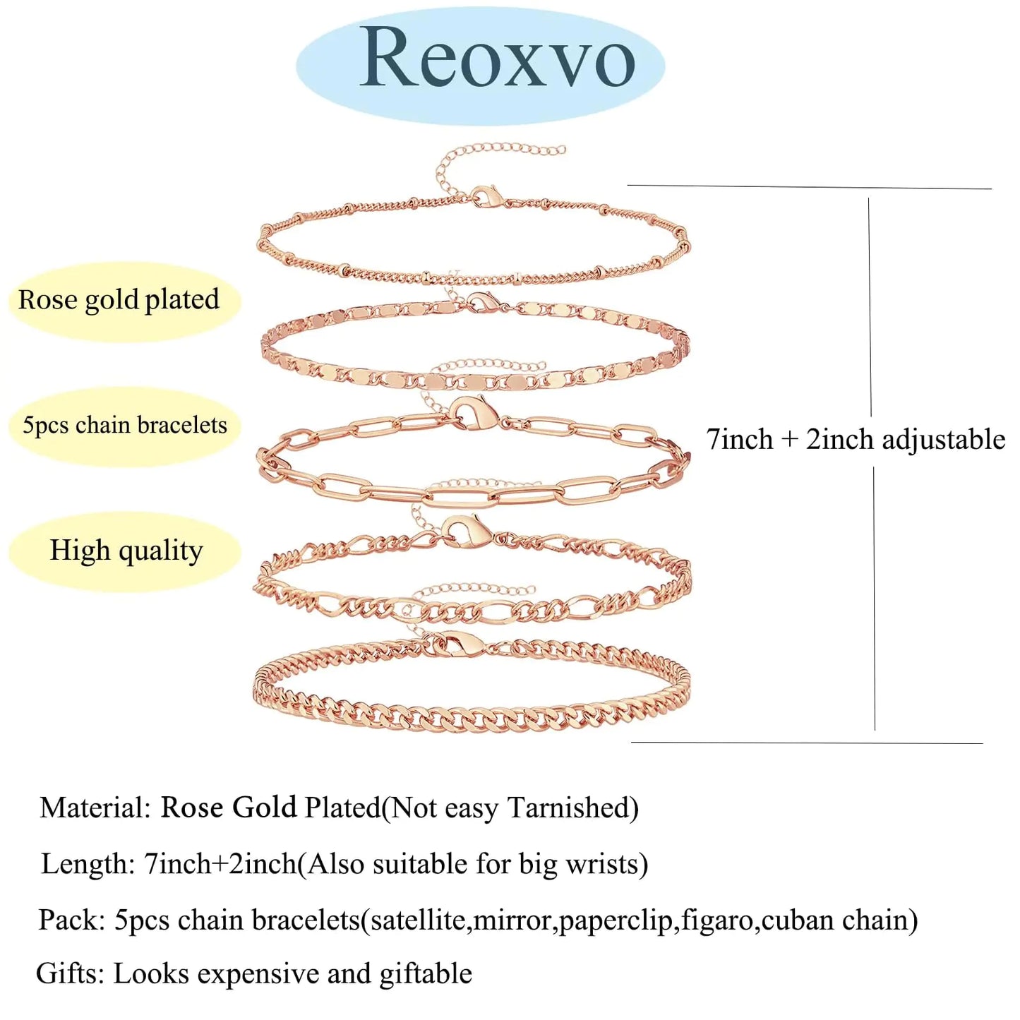 Dainty Gold Chain Bracelets Set for Women 14K Real Gold Plated Link Chain Bracelets for Women Trendy Gold Stackable Cuff Bracelets for Jewelry Gifts Women Adjustable 7"+2" Rose Gold