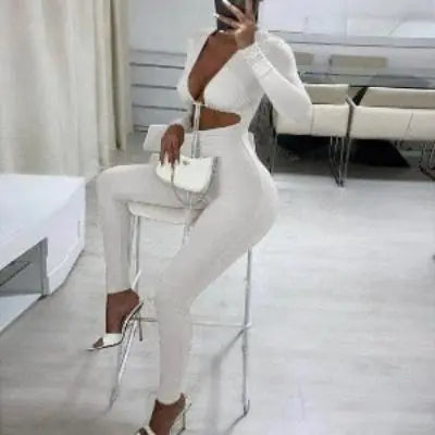 Jumpsuits Bandage Tie Sexy Hollow Out Long Sleeve Bodycon